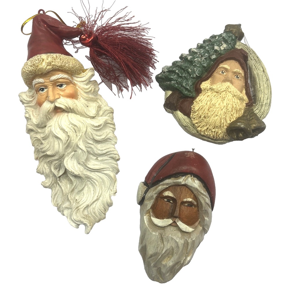 Set Of 3 Vtg‎ Napco Wooden Santa Claus & Resin Santa Head Figurine Ornaments